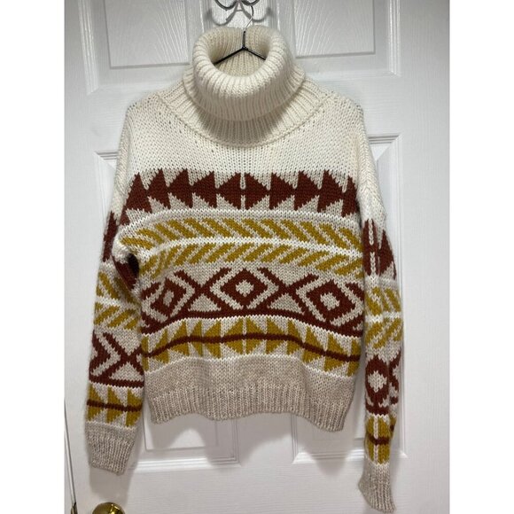 NWT Elsamanda Anthropologie Turtleneck Knit Sweater Size S Ivory Aztec Tribal - Picture 1 of 4